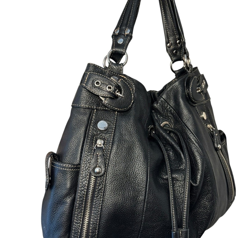 Hype Black Pebbled Leather Slouch Satchel Drawstring Buckle Y2K Shoulder Bag - Picture 5 of 11